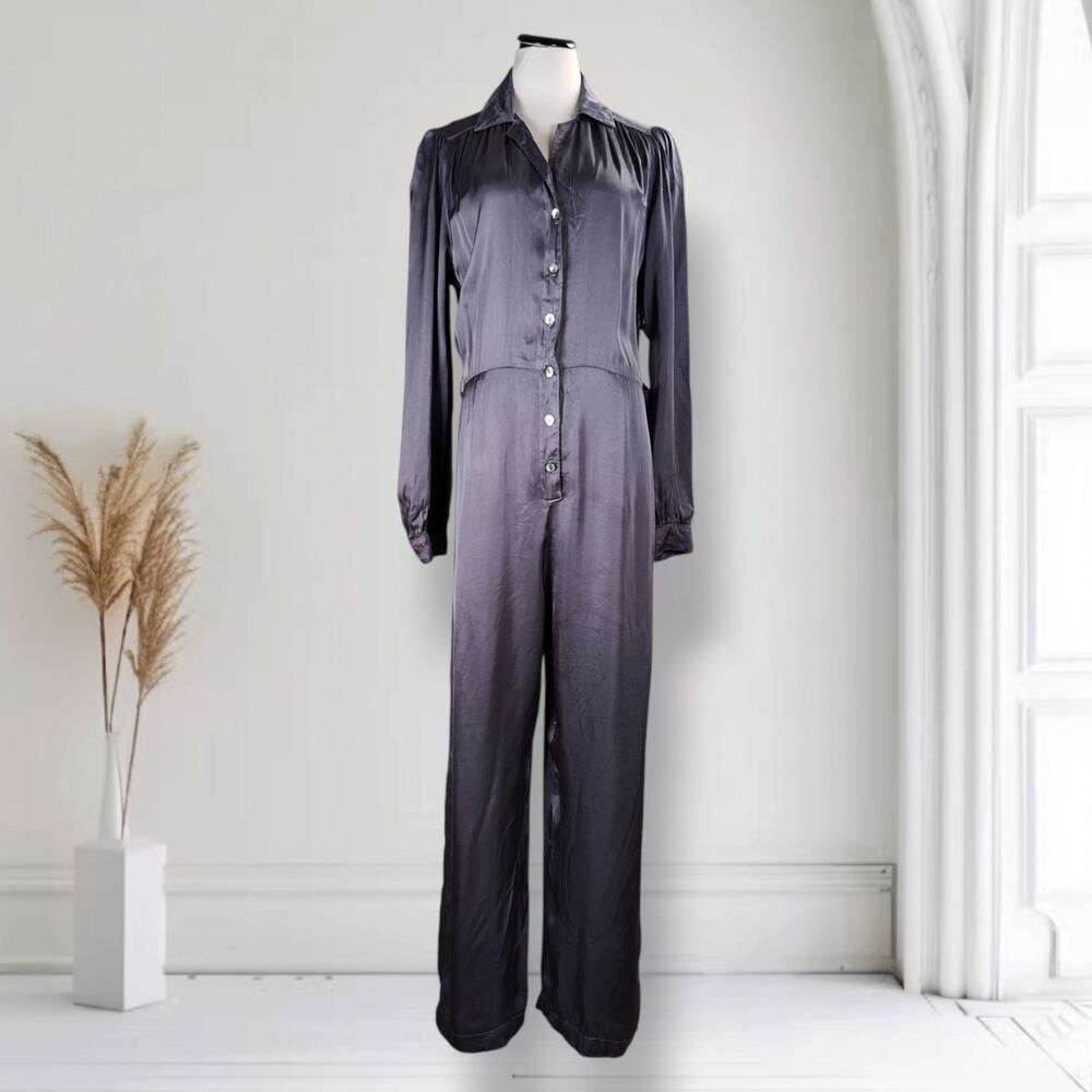 Bella Dahl Satin Jumpsuit L Gray Button Front Long Sleeve Elastic Waist